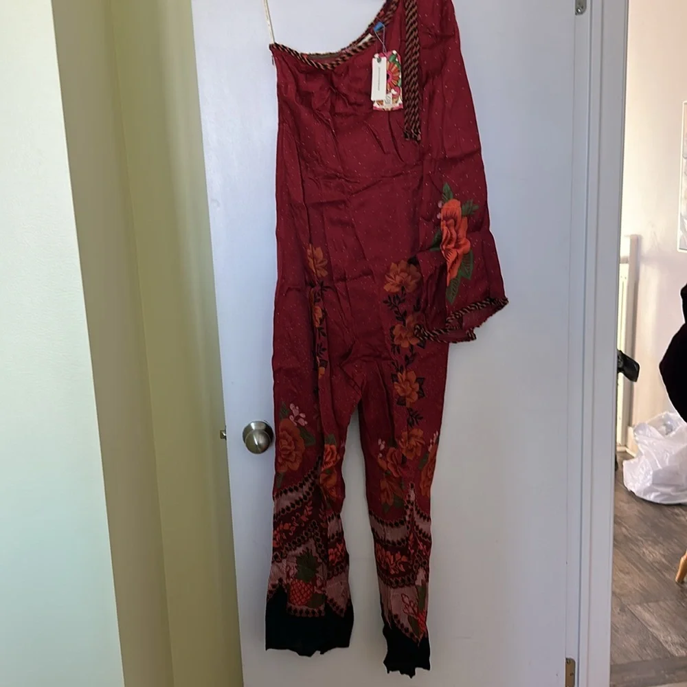 Farm Rio x Anthropologie Red Floral One-Shoulder Jumpsuit - Picture 5 of 8